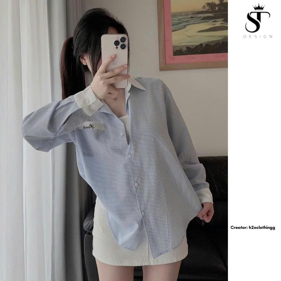 Áo sơ mi kẻ sọc xanh dài tay form rộng Hàn QUốc -Unisex- ST Design-06(ẢNH THẬT SHOP TỰ CHỤP)
