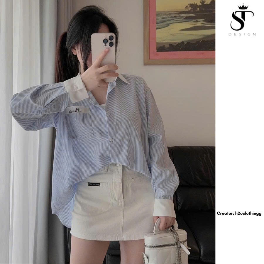 Áo sơ mi kẻ sọc xanh dài tay form rộng Hàn QUốc -Unisex- ST Design-06(ẢNH THẬT SHOP TỰ CHỤP)
