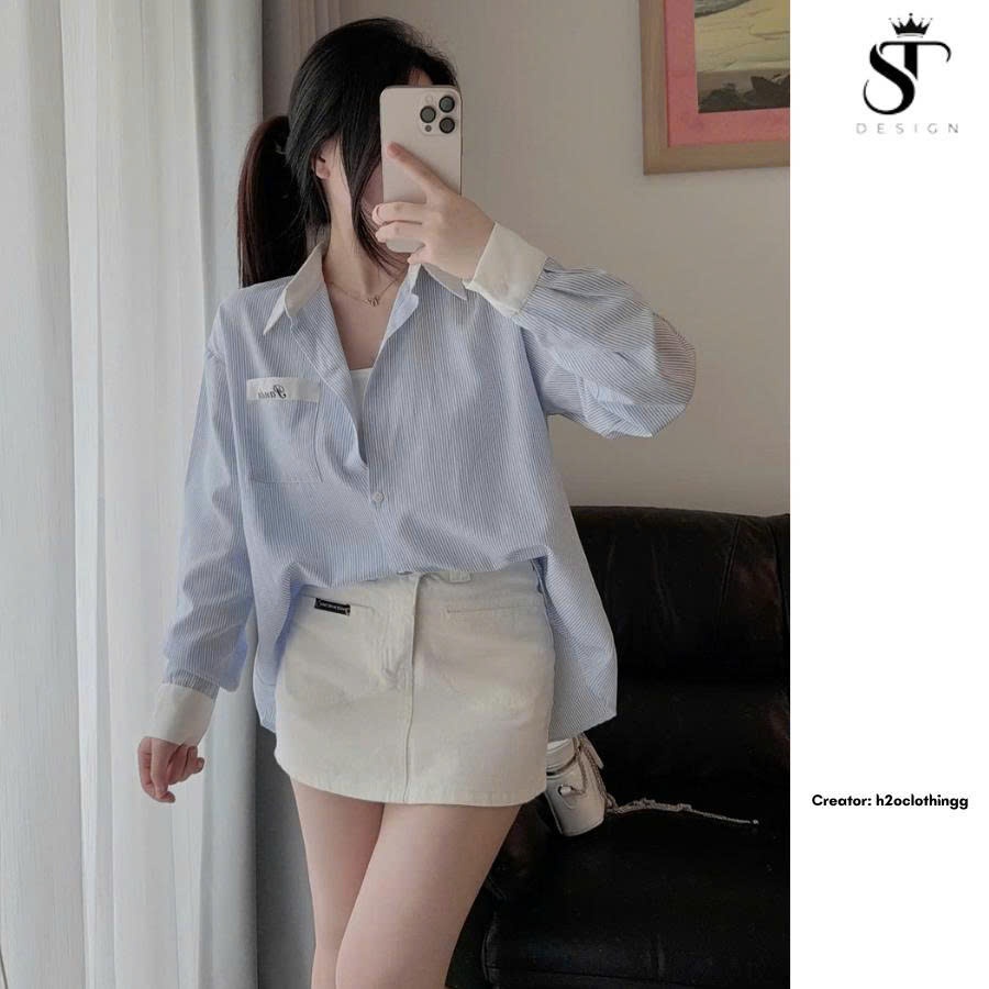 Áo sơ mi kẻ sọc xanh dài tay form rộng Hàn QUốc -Unisex- ST Design-06(ẢNH THẬT SHOP TỰ CHỤP)