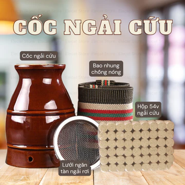 Cốc Giác Hơi Ngải Cứu - Cốc Xông Cứu Ngải Kèm Bao Nhung Thổ Cẩm, Cốc Chườm Ngải Gốm Tím Cao Cấp