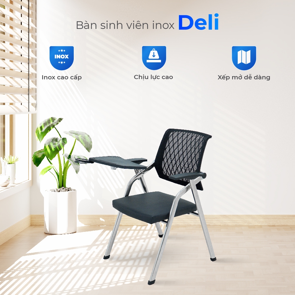 Ghế liền bàn gấp gọn Deli QUI PHÚC, khung inox chắc chắn, đệm ngồi dày dặn, ghế hội trường, ghế training