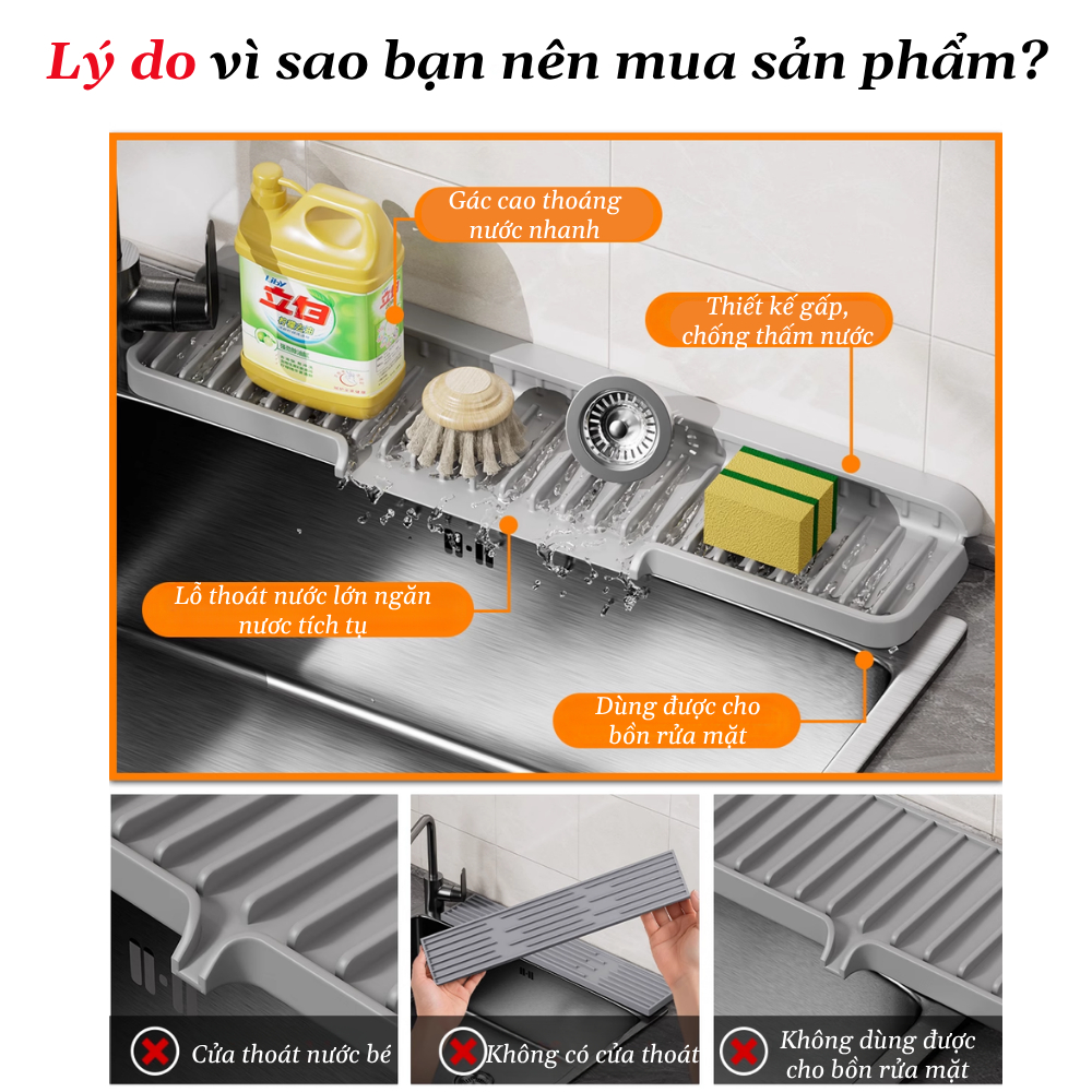 Tấm Thoát Nước Gác Bồn Rửa Silicone Gập Mép – Nhanh Khô,Gác Miệng Chậu, Dẫn Nước Về Bồn