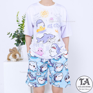 SET01 - Set bộ cotton quần short áo hoạt hình CÁ MẬP BABY SHARK đáng yêu Bộ mặc nhà Cartoon form rộng Unisex nam nữ