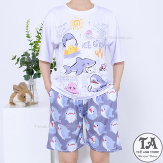 SET01 - Set bộ cotton quần short áo hoạt hình CÁ MẬP BABY SHARK đáng yêu Bộ mặc nhà Cartoon form rộng Unisex nam nữ