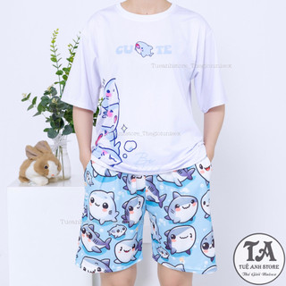 SET01 - Set bộ cotton quần short áo hoạt hình CÁ MẬP BABY SHARK đáng yêu Bộ mặc nhà Cartoon form rộng Unisex nam nữ