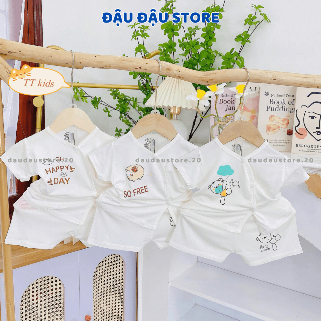 Set 2-3 Bộ Quần áo cộc tay thun lạnh sơ sinh TT trắng cho bé sơ sinh trai gái 0-9 tháng [TT-CL88] Đậu Đậu Store