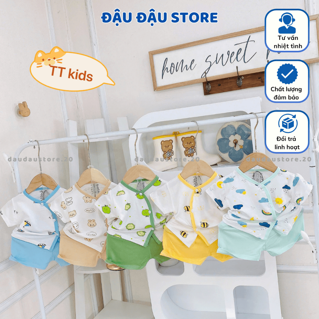 Set 3-5 Bộ cộc tay thun lạnh sơ sinh vạt chéo TT mềm mịn nhiều màu cho bé trai bé gái 3-9kg TT-CL44 Đậu Đậu Store