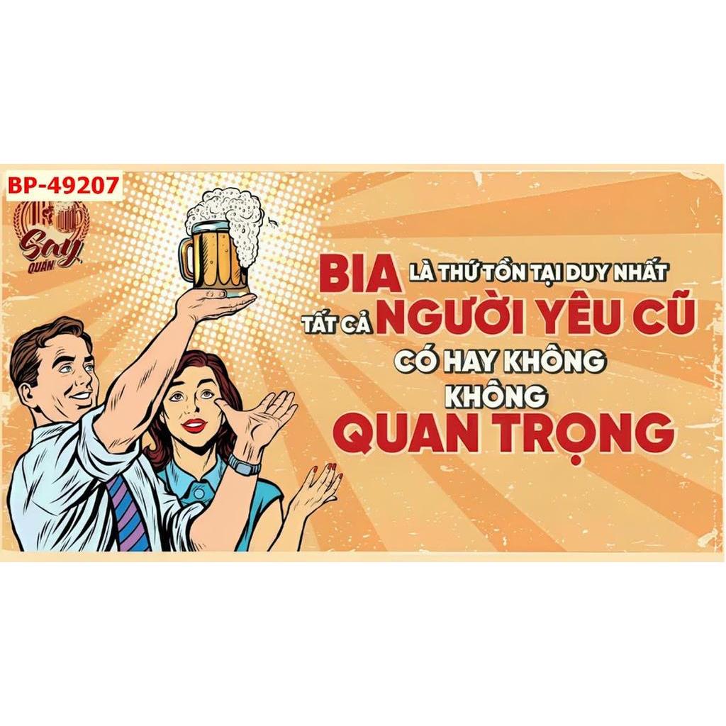 Trang trí quán bia với mẫu tranh dán tường chất liệu lụa 3D cao cấp cùng hàng chữ vui nhộn...