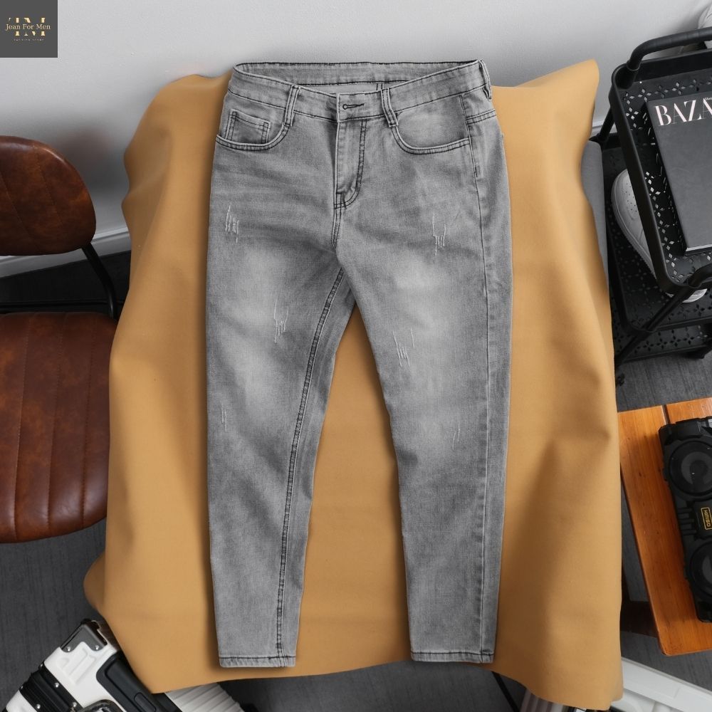 Quần jean nam xám bạc SKINNY - quần bò dài hottren vải DENIM, cotton co dãn chuẩn form dễ phối đồ