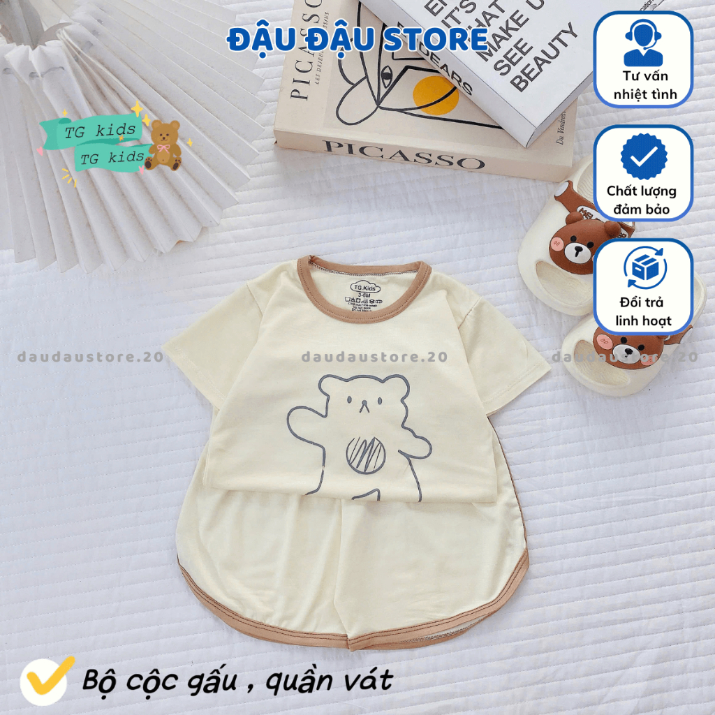 (Đẹp) Set 3 Bộ Cộc Tay Sơ Sinh Chui Đầu Hình Gấu Thun Lạnh Quần Vát mềm mịn cho bé size 3-13 kg TG-CL68 Đậu Đậu Store
