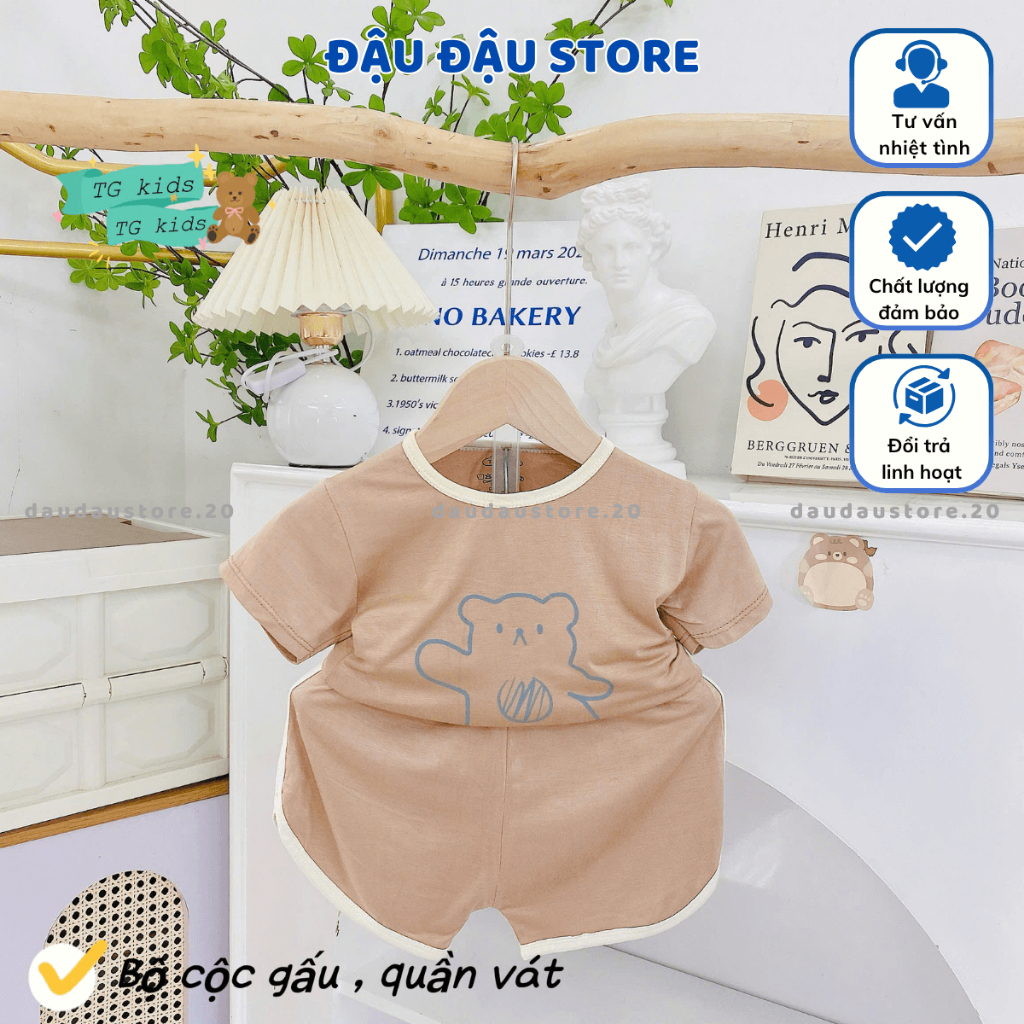 (Đẹp) Set 3 Bộ Cộc Tay Sơ Sinh Chui Đầu Hình Gấu Thun Lạnh Quần Vát mềm mịn cho bé size 3-13 kg TG-CL68 Đậu Đậu Store