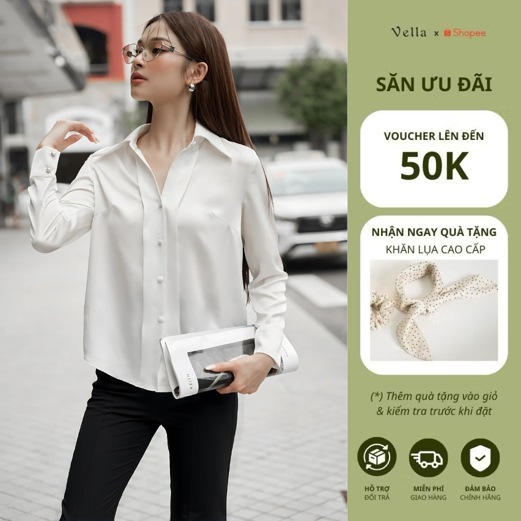 Vella Fashion set áo sơ mi nữ tay dài phối quần ống loe VA24061 VQ23089