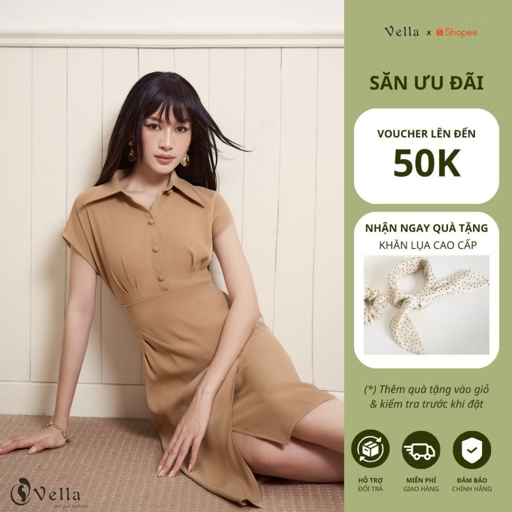 Vella Fashion Đầm công sở cổ sơ mi dáng ôm nhẹ màu nâu camel thanh lịch VD25077