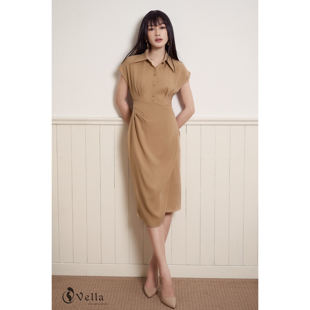 Vella Fashion Đầm công sở cổ sơ mi dáng ôm nhẹ màu nâu camel thanh lịch VD25077