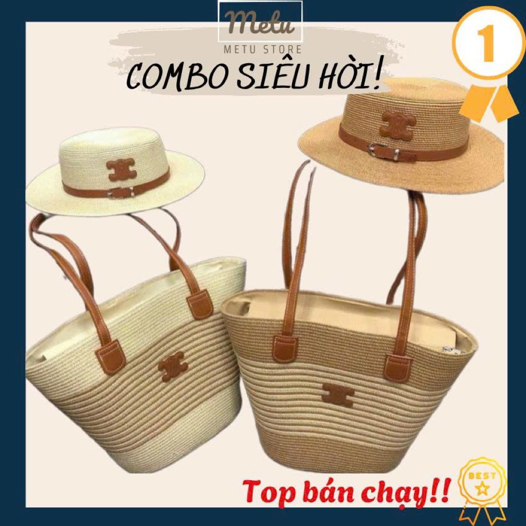 COMBO Túi đi biển, mũ đi biển túi cói xinh xắn 002