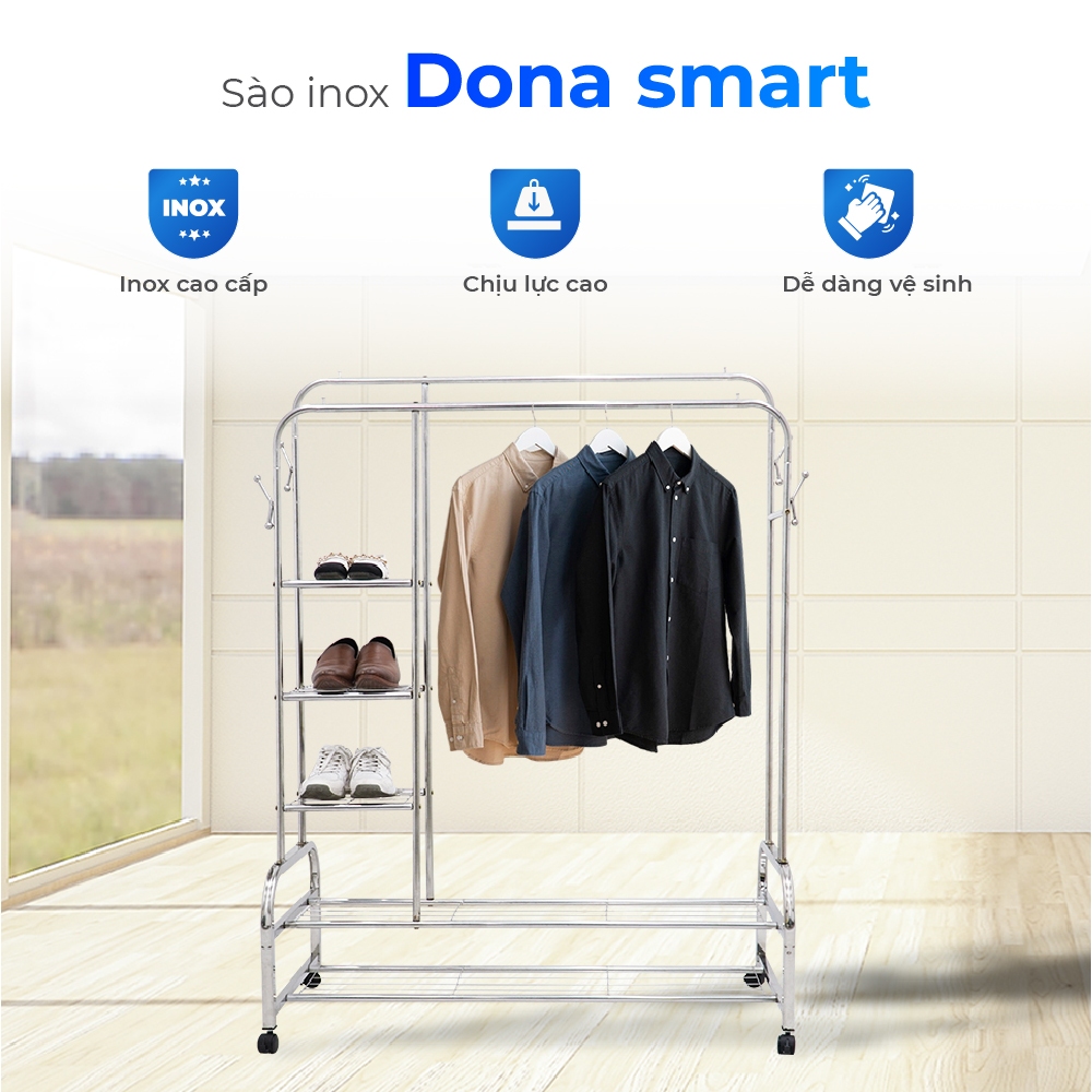 Sào phơi quần áo Dona Smart QUI PHÚC, inox 201 cao cấp, chống gỉ sét, bền chắc, chân có bánh xe