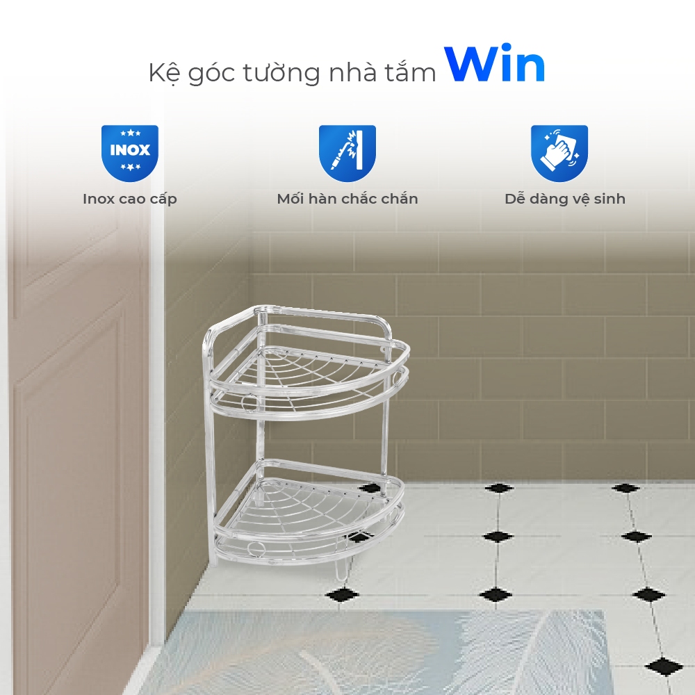 Kệ góc nhà tắm Win QUI PHÚC, chân đứng, inox 201 cao cấp, sáng bóng, chắc chắn, tiện lợi, bền đẹp