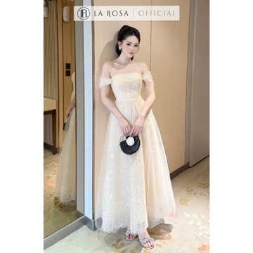 Váy Maxi Trễ Vai Sang Chảnh LaRosa Váy Dự Tiệc Cao Cấp Đính Đá Hoạ Tiết Hoa Phối Lưới T170-SX