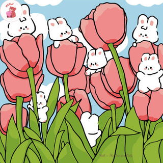 ( TẶNG SET 10 KHẨU TRANG) Tranh số hoá Hoa Tulip Thỏ Hoạt Hình ,Tranh Tô Màu 20x20cm dễ thương đầy đủ cọ, màu, căng khun