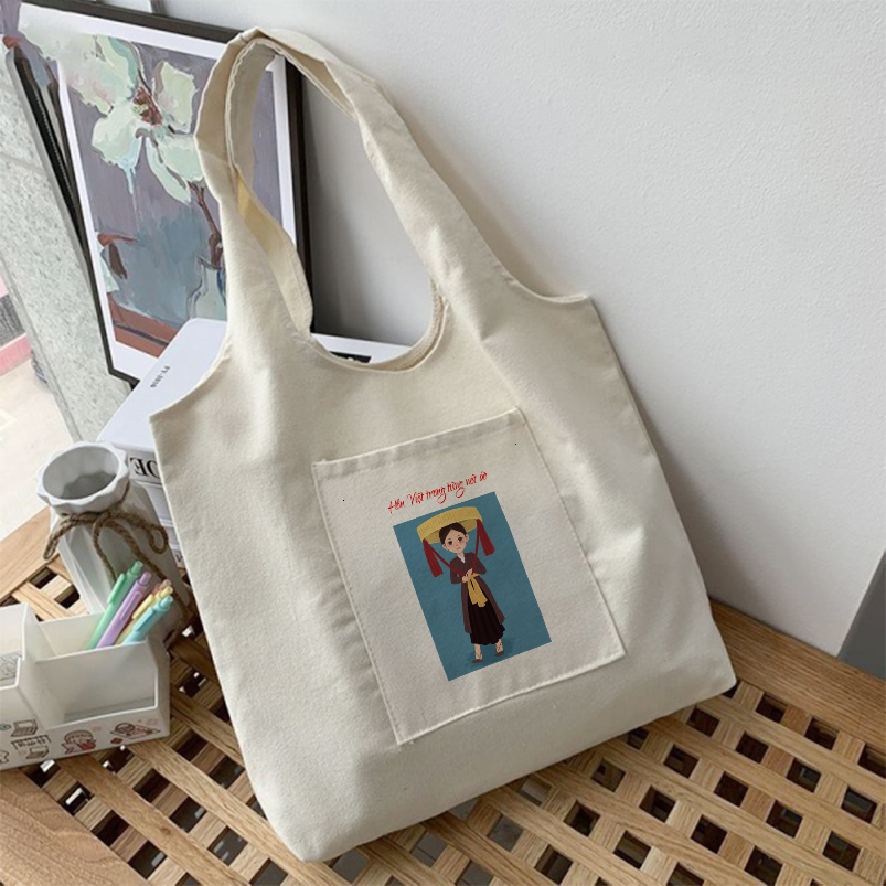 Túi tote bộ sưu tập Hồn Việt trong từng nét - áo tà áo Việt Nam- túi vải canvas liền thân đi chơi du lịch tuicwh0214
