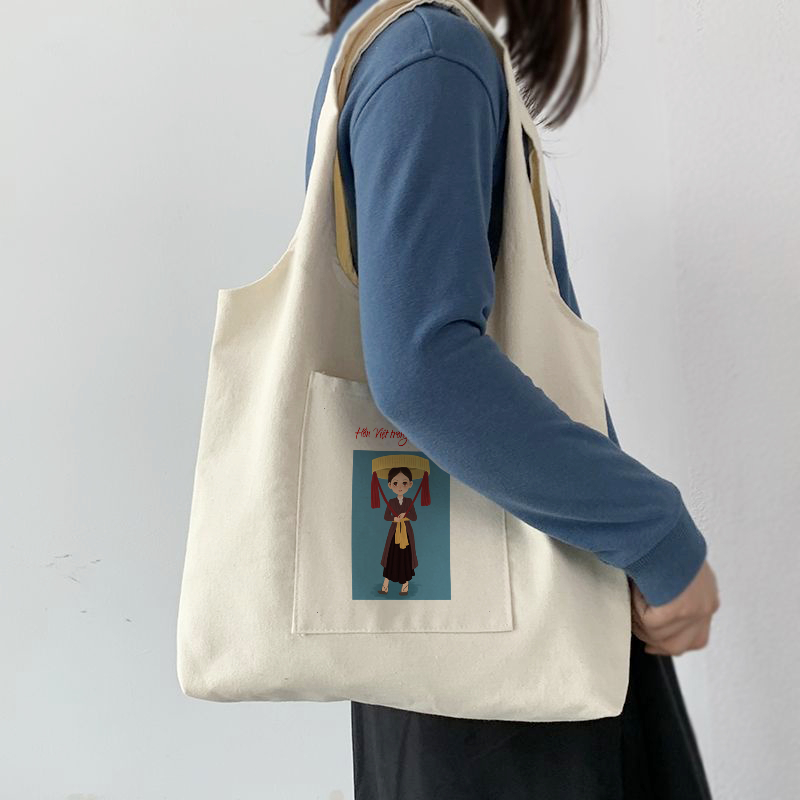 Túi tote bộ sưu tập Hồn Việt trong từng nét - áo tà áo Việt Nam- túi vải canvas liền thân đi chơi du lịch tuicwh0214