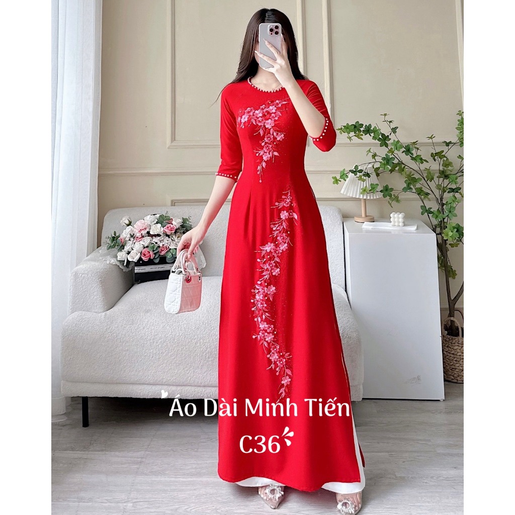 Áo Dài Lụa Mỹ Cao Cấp Họa Tiết Thêu + Đính Kết Đá Thủ Công Tỉ Mỉ - Mã C36