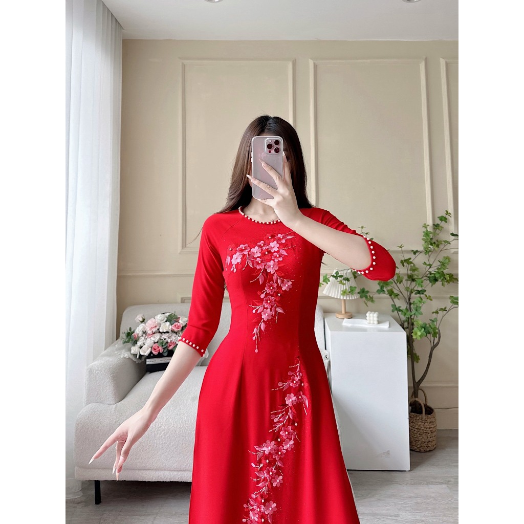 Áo Dài Lụa Mỹ Cao Cấp Họa Tiết Thêu + Đính Kết Đá Thủ Công Tỉ Mỉ - Mã C36