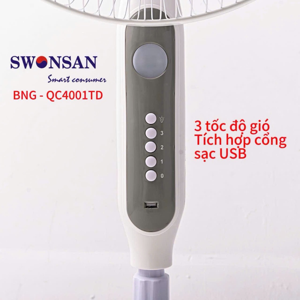 Quạt Cây Sạc Tích Điện SWONSAN CÓ CHỔI THAN Sải Cánh 40CM Có Đèn Led Chiếu Sáng, Cổng Sạc USB