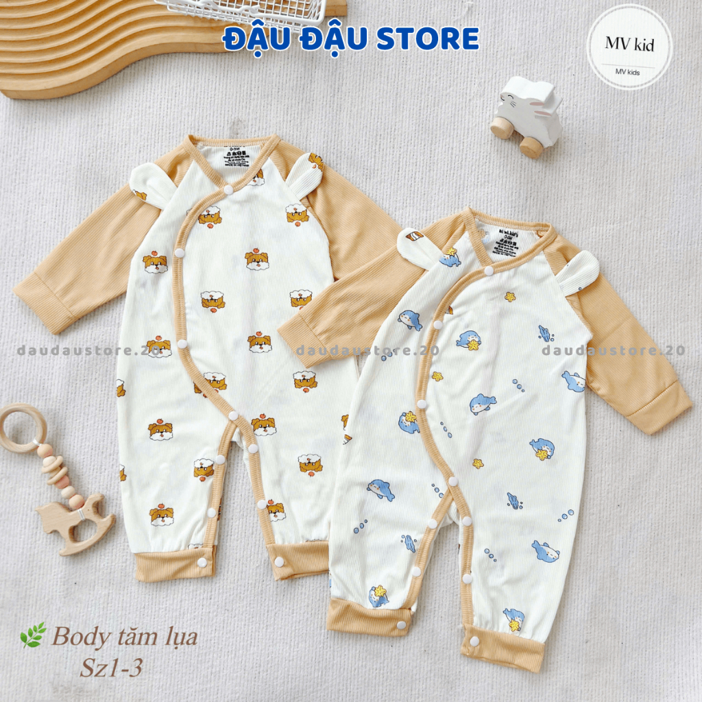(Set 3-5) Bộ Body dài tay vải tăm lụa cho bé sơ sinh 3-9kg Body bé trai bé gái cúc bấm co dãn mềm mại Đậu Đậu Store