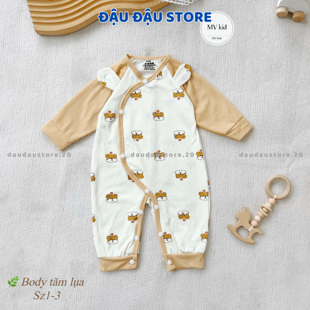 (Set 3-5) Bộ Body dài tay vải tăm lụa cho bé sơ sinh 3-9kg Body bé trai bé gái cúc bấm co dãn mềm mại Đậu Đậu Store