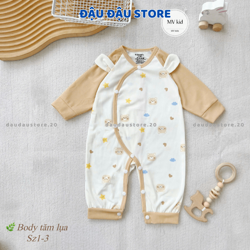 (Set 3-5) Bộ Body dài tay vải tăm lụa cho bé sơ sinh 3-9kg Body bé trai bé gái cúc bấm co dãn mềm mại Đậu Đậu Store