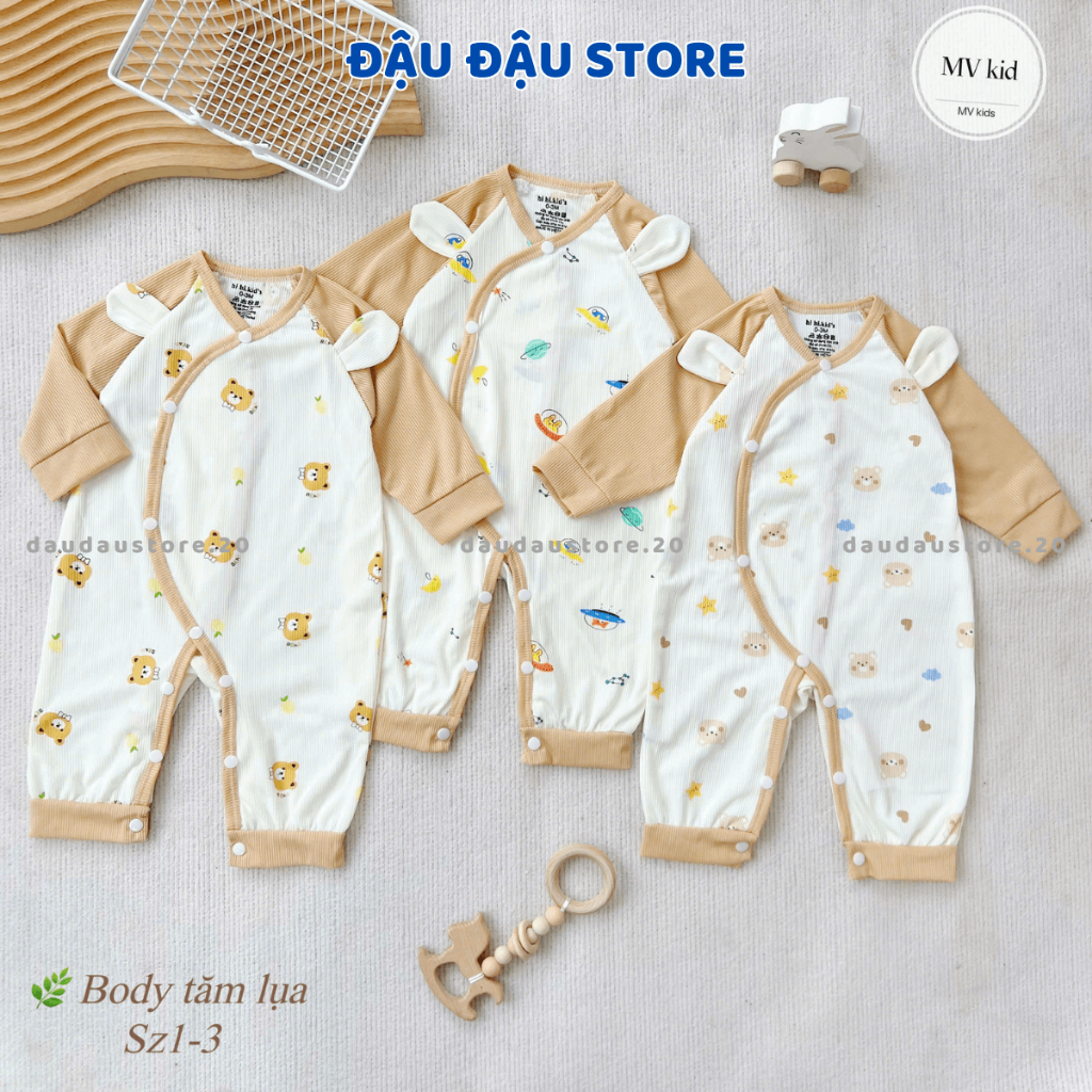 (Set 3-5) Bộ Body dài tay vải tăm lụa cho bé sơ sinh 3-9kg Body bé trai bé gái cúc bấm co dãn mềm mại Đậu Đậu Store