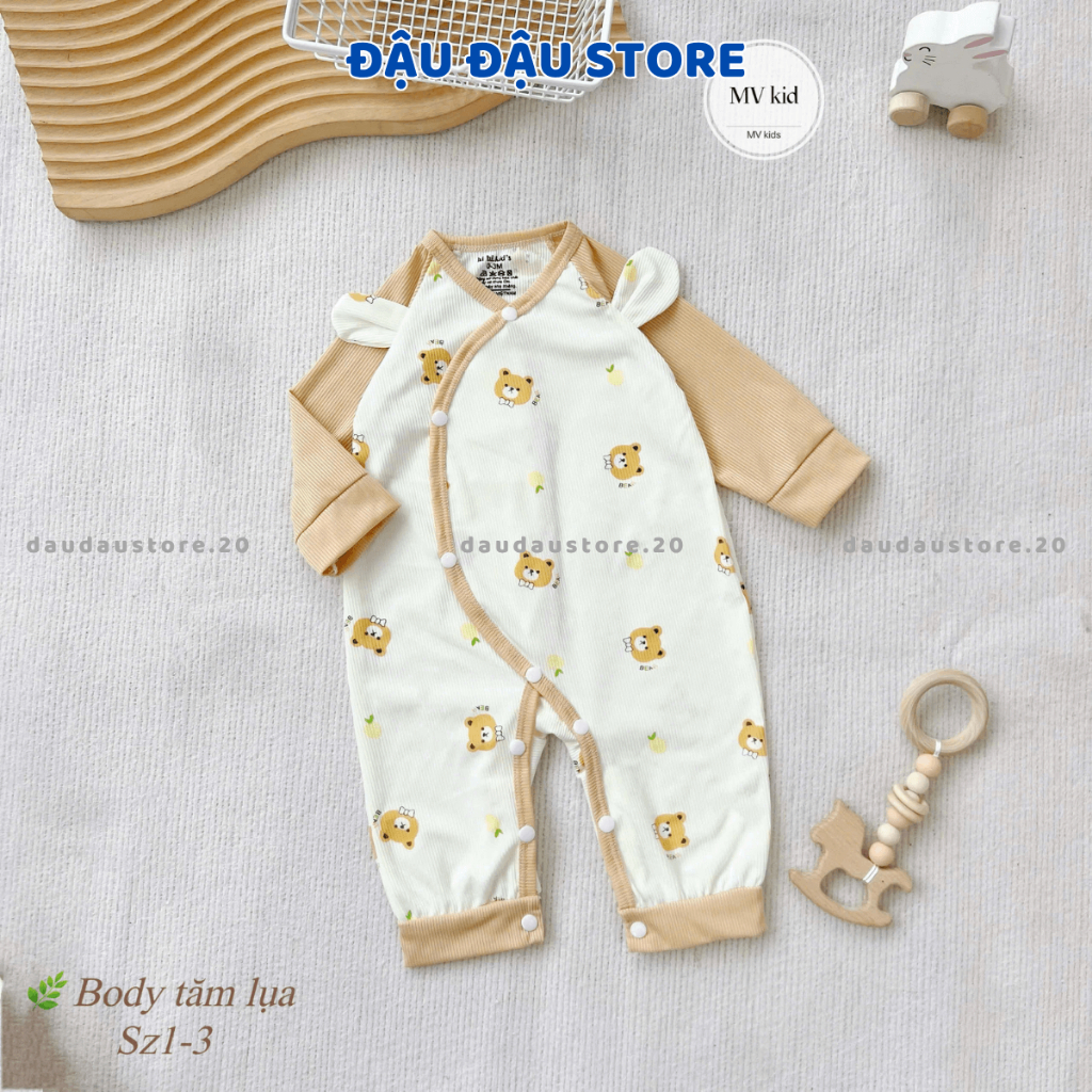 (Set 3-5) Bộ Body dài tay vải tăm lụa cho bé sơ sinh 3-9kg Body bé trai bé gái cúc bấm co dãn mềm mại Đậu Đậu Store