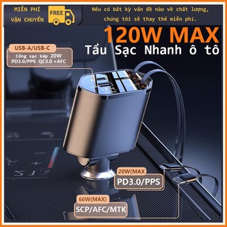 Tẩu Sạc Nhanh Ô Tô 120W 4in1 Bộ sạc xe hơi USB Type-C Lightning có sạc siêu nhanh ​sạc điện thoại​