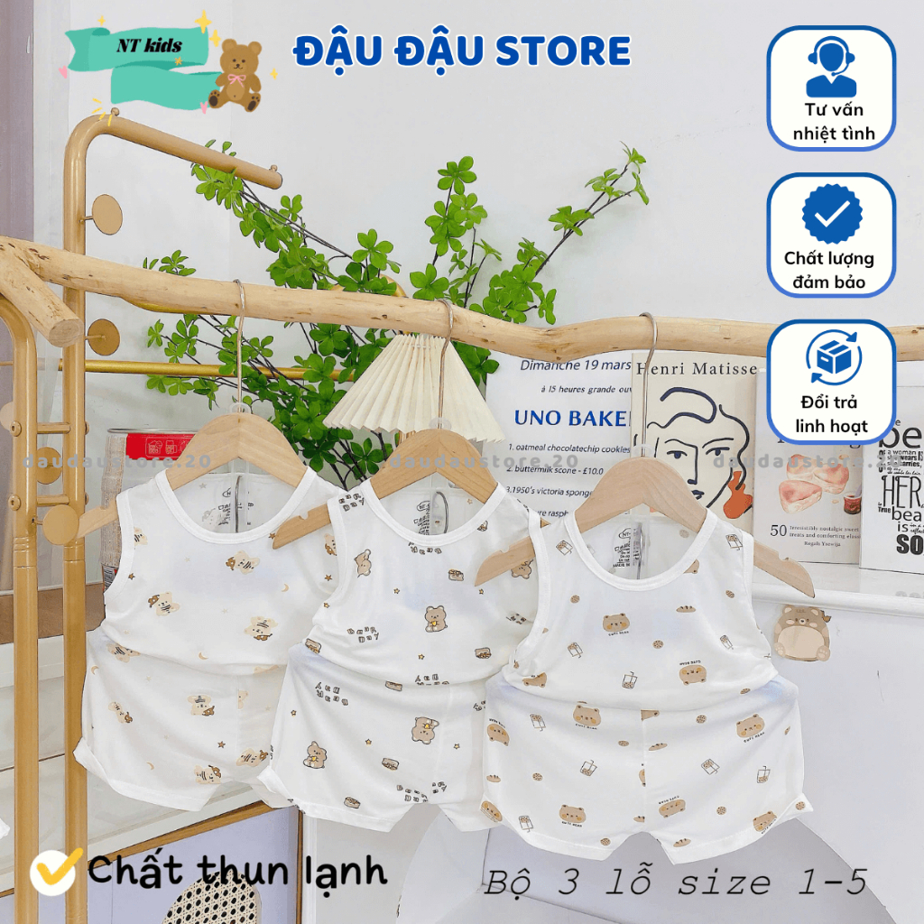 Set 2-3 bộ ba lỗ thun petit sơ sinh in hoạ tiết mềm mịn cho bé trai gái size 4 -14 kg BL08T Đậu Đậu Store