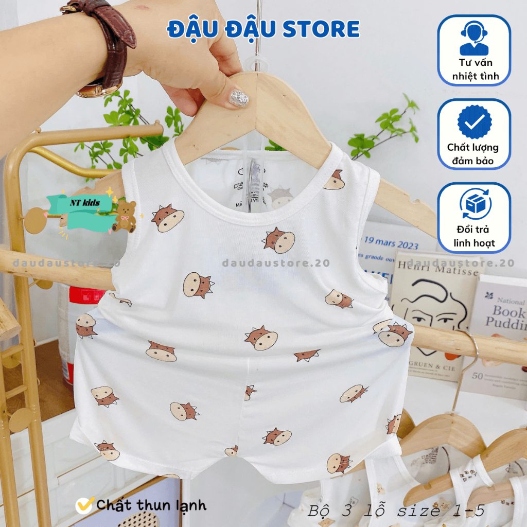 Set 2-3 bộ ba lỗ thun petit sơ sinh in hoạ tiết mềm mịn cho bé trai gái size 4 -14 kg BL08T Đậu Đậu Store