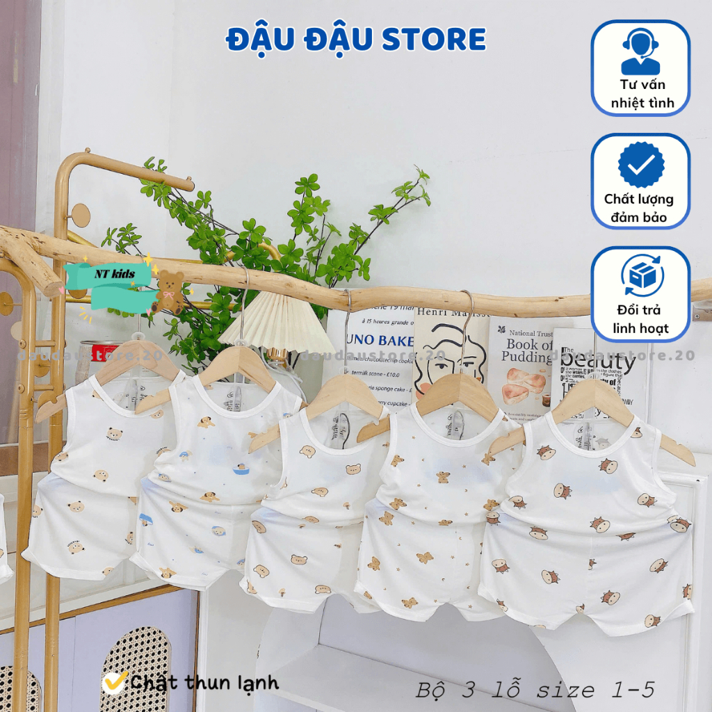 Set 2-3 bộ ba lỗ thun petit sơ sinh in hoạ tiết mềm mịn cho bé trai gái size 4 -14 kg BL08T Đậu Đậu Store