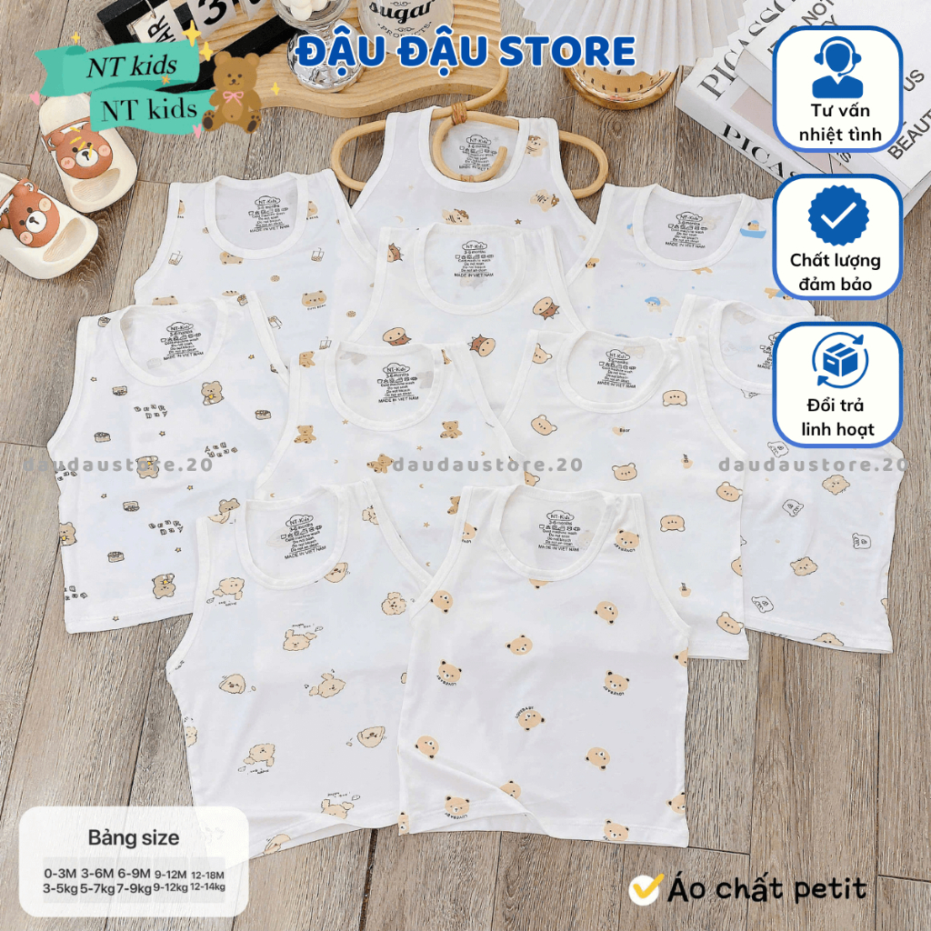 (Loại Đẹp) Set 3/5 Áo Ba Lỗ Thun Petit Sơ Sinh in hoạ tiết mềm mịn cho bé trai gái size 4 -14 kg MD-ABL06T Đậu Đậu Store