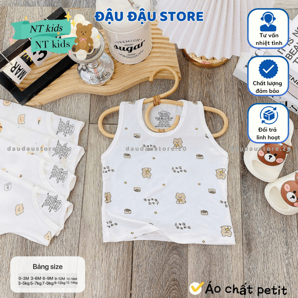 (Loại Đẹp) Set 3/5 Áo Ba Lỗ Thun Petit Sơ Sinh in hoạ tiết mềm mịn cho bé trai gái size 4 -14 kg MD-ABL06T Đậu Đậu Store