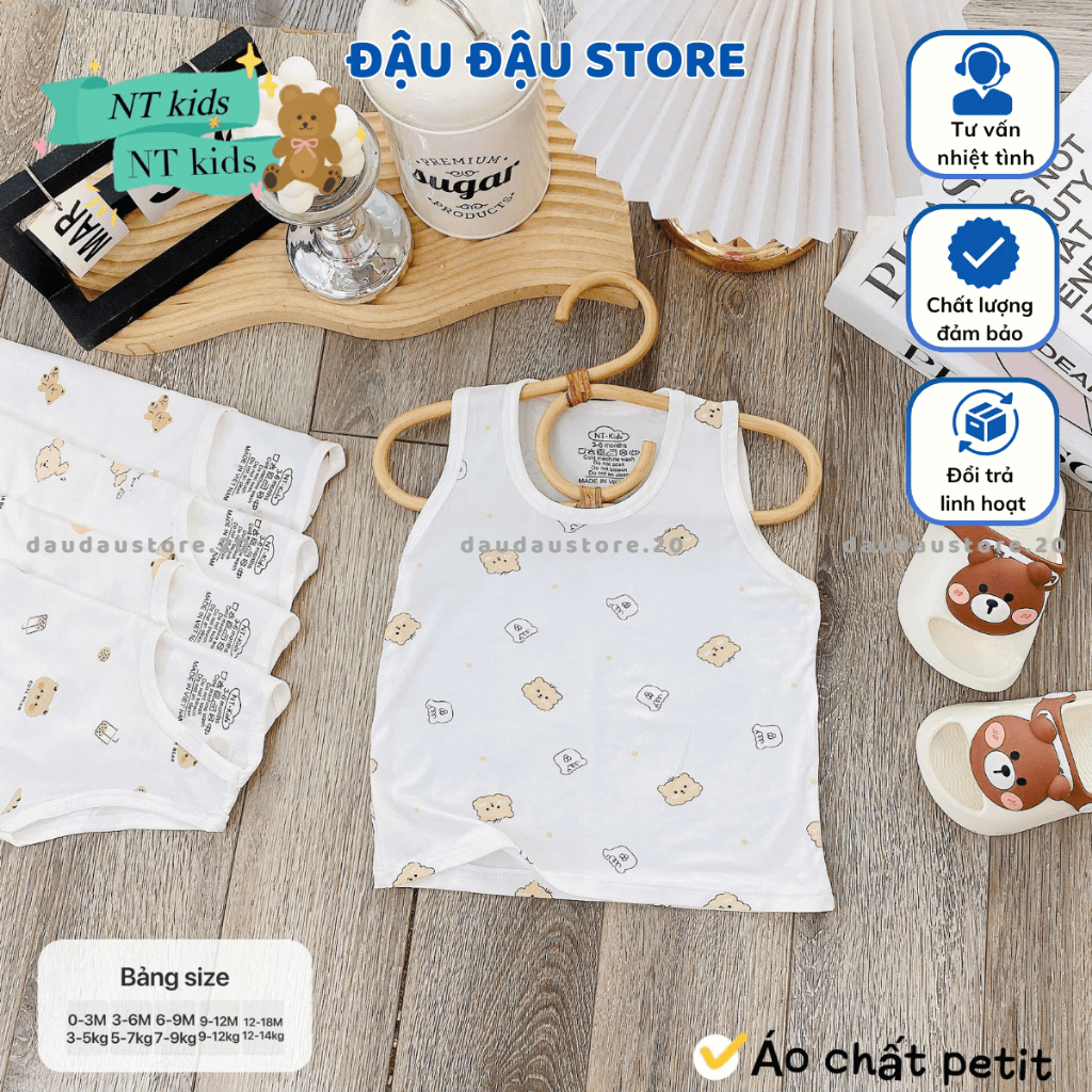 (Loại Đẹp) Set 3/5 Áo Ba Lỗ Thun Petit Sơ Sinh in hoạ tiết mềm mịn cho bé trai gái size 4 -14 kg MD-ABL06T Đậu Đậu Store