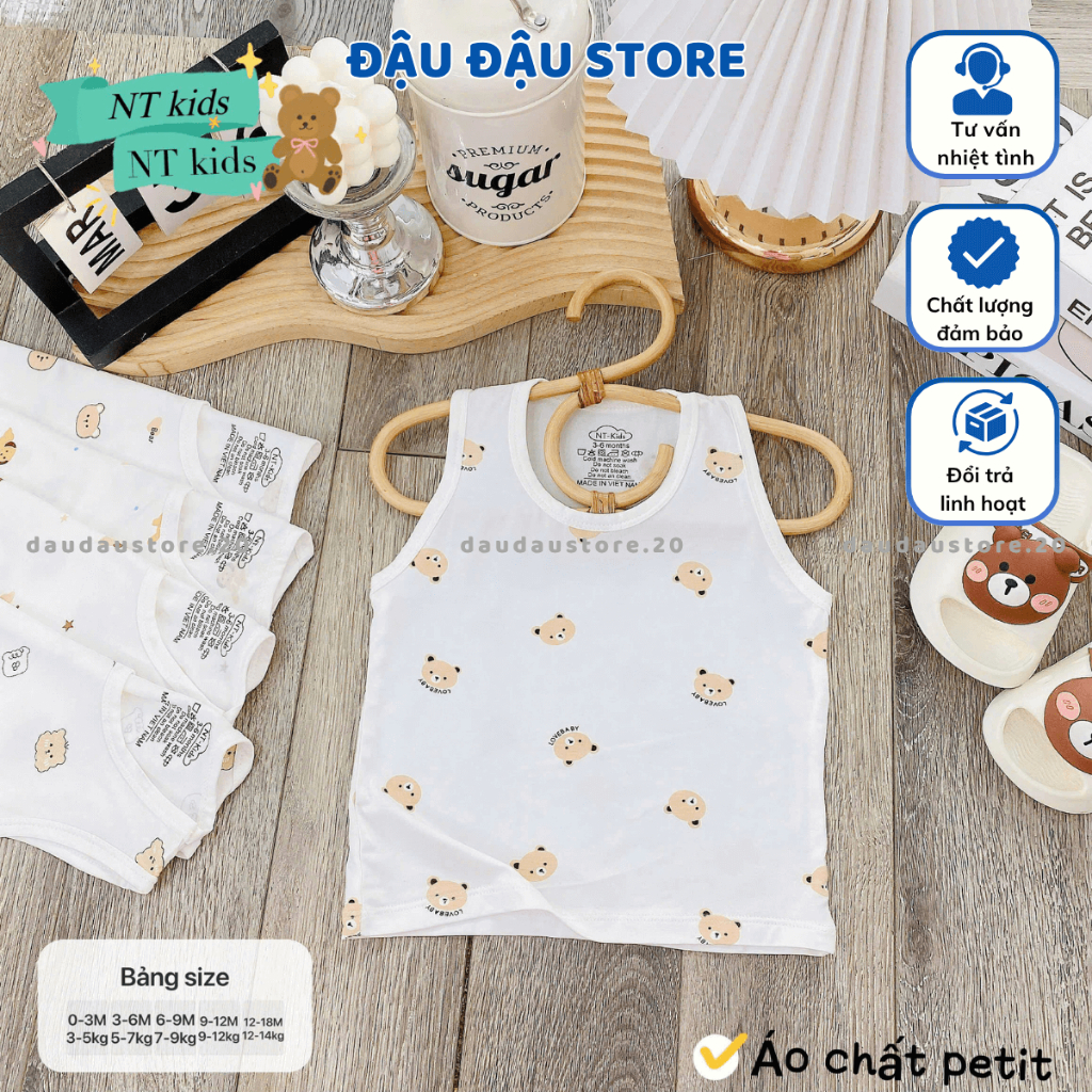 (Loại Đẹp) Set 3/5 Áo Ba Lỗ Thun Petit Sơ Sinh in hoạ tiết mềm mịn cho bé trai gái size 4 -14 kg MD-ABL06T Đậu Đậu Store