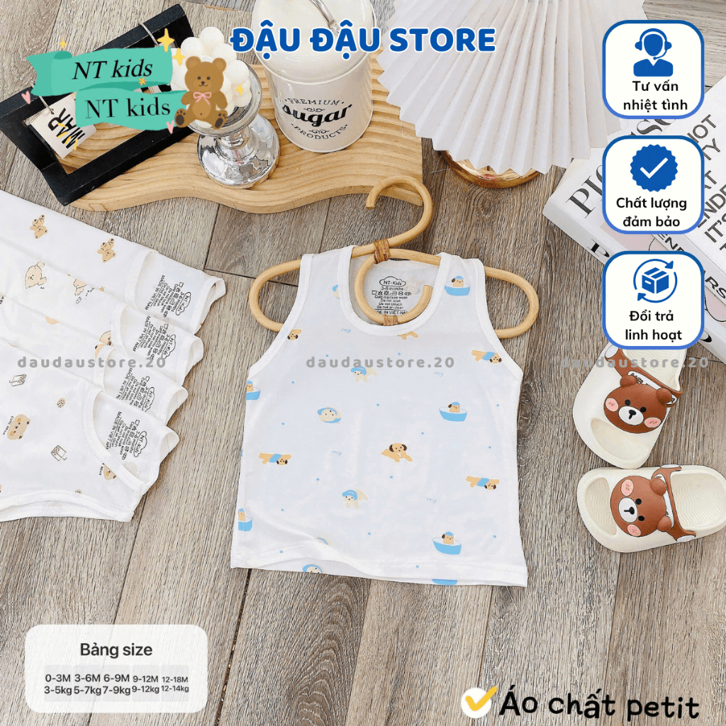 (Loại Đẹp) Set 3/5 Áo Ba Lỗ Thun Petit Sơ Sinh in hoạ tiết mềm mịn cho bé trai gái size 4 -14 kg MD-ABL06T Đậu Đậu Store