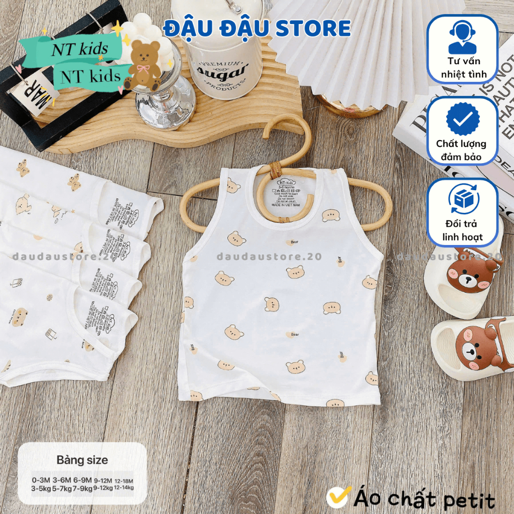 (Loại Đẹp) Set 3/5 Áo Ba Lỗ Thun Petit Sơ Sinh in hoạ tiết mềm mịn cho bé trai gái size 4 -14 kg MD-ABL06T Đậu Đậu Store
