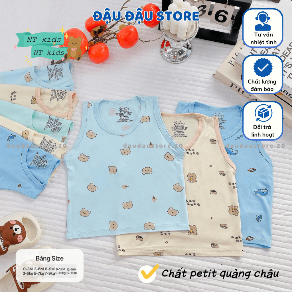 (Loại Đẹp) Set 3/5 Áo Ba Lỗ Thun Lạnh Sơ Sinh in hoạ tiết mềm mịn cho bé trai gái size 4 -14 kg MD-ABL06M Đậu Đậu Store