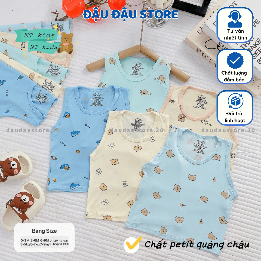 (Loại Đẹp) Set 3/5 Áo Ba Lỗ Thun Lạnh Sơ Sinh in hoạ tiết mềm mịn cho bé trai gái size 4 -14 kg MD-ABL06M Đậu Đậu Store