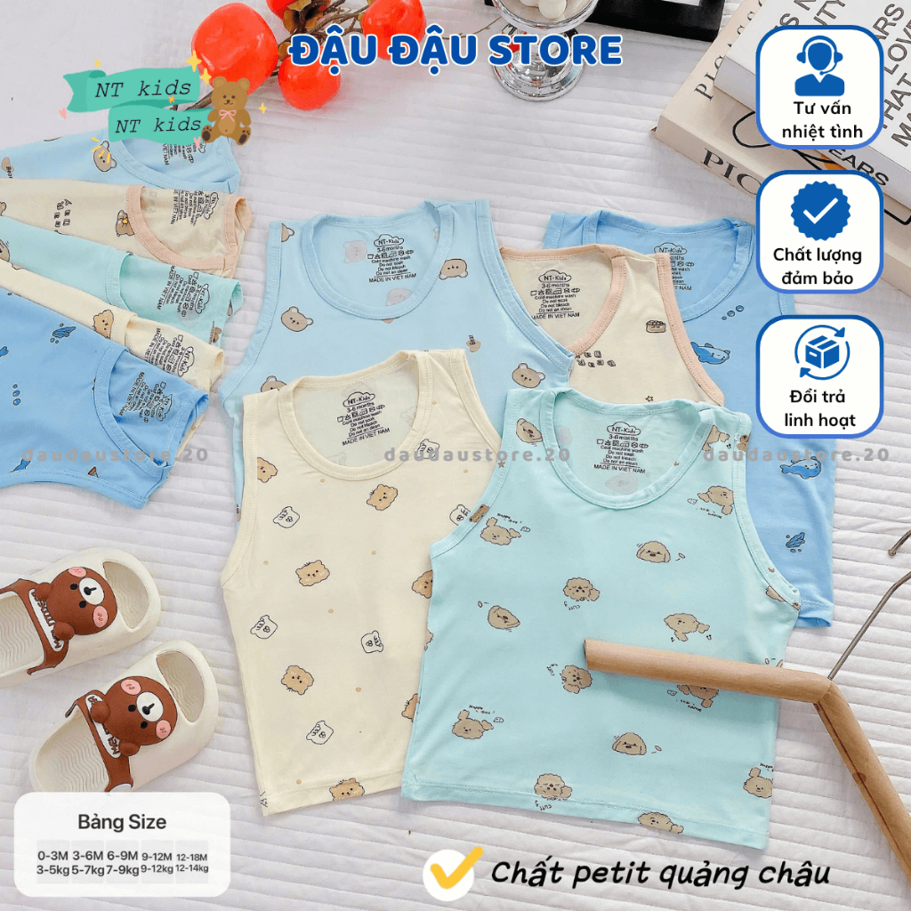 (Loại Đẹp) Set 3/5 Áo Ba Lỗ Thun Lạnh Sơ Sinh in hoạ tiết mềm mịn cho bé trai gái size 4 -14 kg MD-ABL06M Đậu Đậu Store