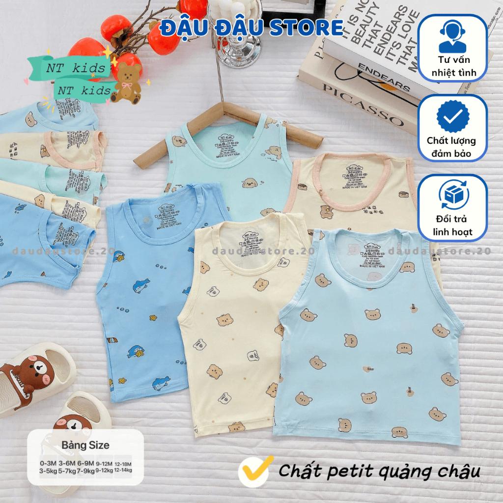 (Loại Đẹp) Set 3/5 Áo Ba Lỗ Thun Lạnh Sơ Sinh in hoạ tiết mềm mịn cho bé trai gái size 4 -14 kg MD-ABL06M Đậu Đậu Store