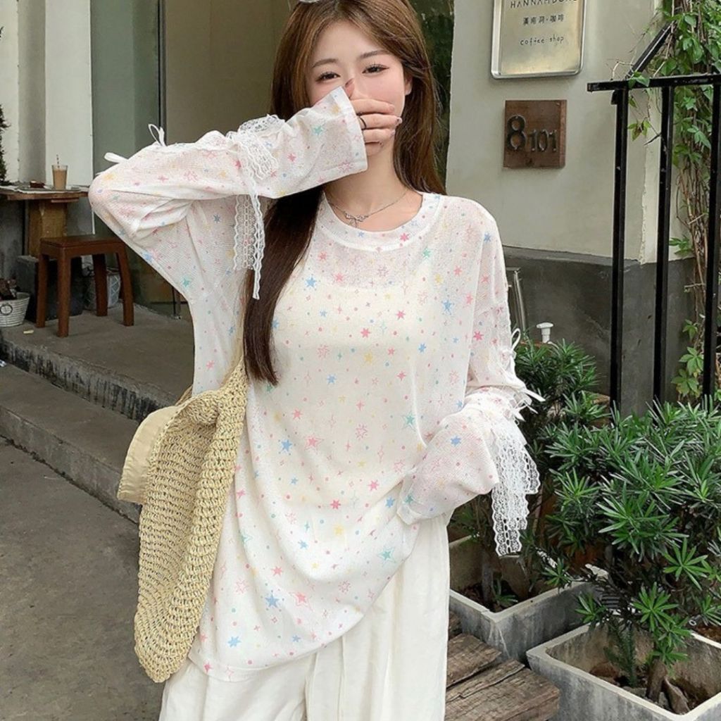 TudoQuinzy Áo thun tăm mỏng, áo thun nữ dài tay dáng rộng hoạ tiết ngôi sao đính nơ tay phong cách nữ tính