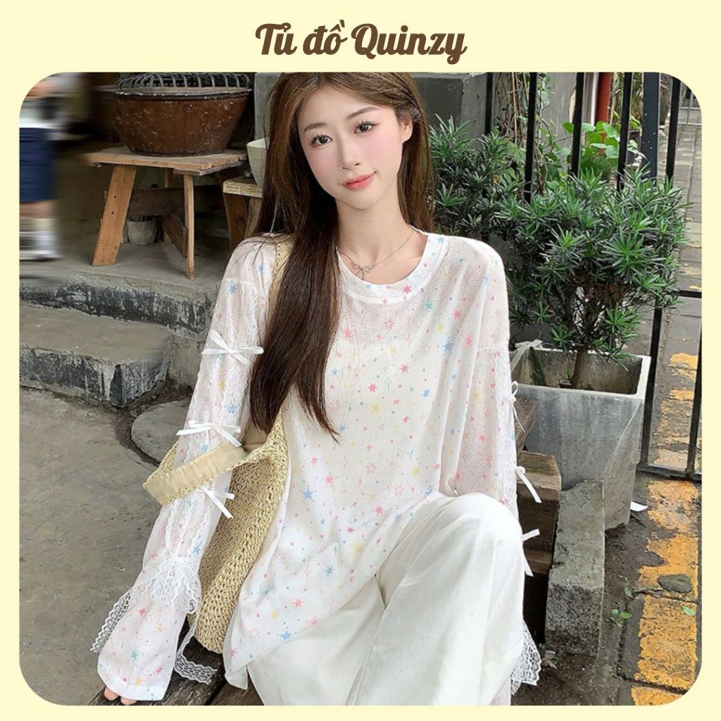 TudoQuinzy Áo thun tăm mỏng, áo thun nữ dài tay dáng rộng hoạ tiết ngôi sao đính nơ tay phong cách nữ tính