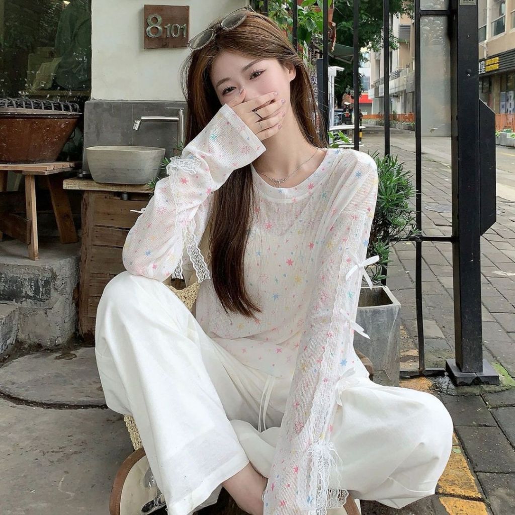 TudoQuinzy Áo thun tăm mỏng, áo thun nữ dài tay dáng rộng hoạ tiết ngôi sao đính nơ tay phong cách nữ tính